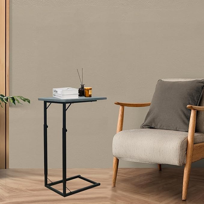 C-Shaped End Table for Couch, Adjustable Sofa Side Table with Sturdy Metal Frame, Small Space Rustic Gray TV Tray Table for Living Room, Bedroom, Bedside, Modern Functional Accent Furniture