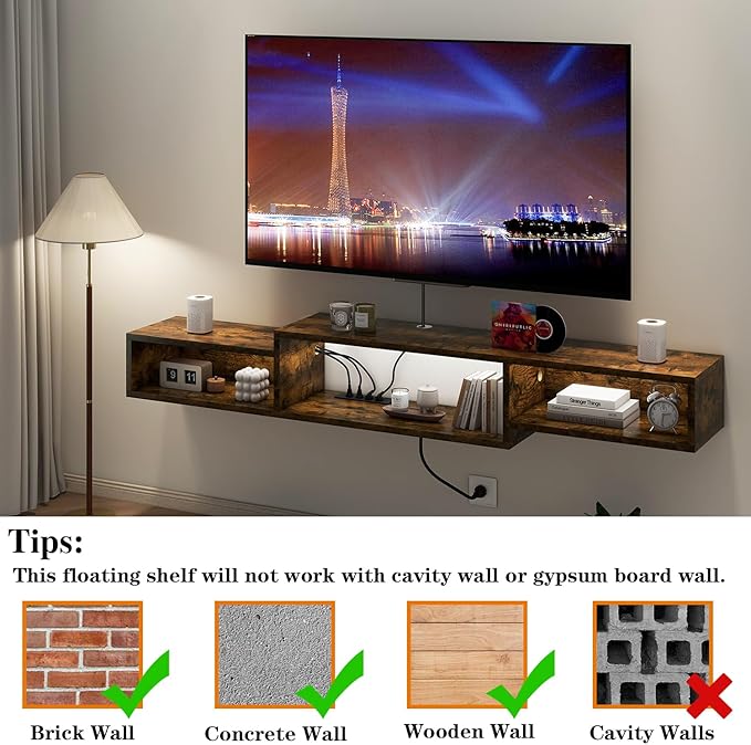 IBUYKE 71" Floating TV Stand Wall Mounted with Power Outlet,Wood Wall Mounted Media Console Shelf,Floating Entertainment Center for Under TV Storage for Living Room Bedroom Office,Rustic Brown WST008H