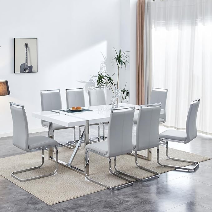 Modern Dining Chairs Set of 8, High Back Kitchen Chairs,Faux Leather Side Chair with Metal Legs, Easy to Clean Upholstered Dining Chairs, Ideal for Living Room(Silver Leg)