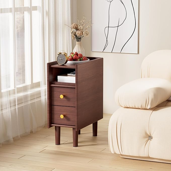 Huolewa Narrow Nightstand with 2 Drawers - Solid Wood Narrow Side Table with Open Shelf for Small Spaces, Couch, Bedroom, Living, Office - Small Bedside Table, End Tables (Walnut, 7.87 inch)