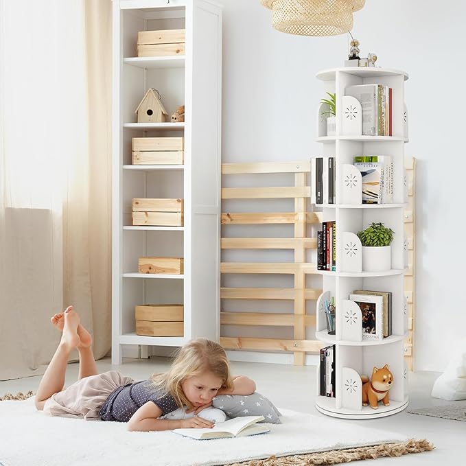 Hestiasko 5 Tier Rotating Bookshelf, 360 Rotating Bookcase, Spinning Bookshelf Tower for Kids & Adults, Corner Book Shelf for Small Space, Revolving Bookcase for Bedroom, Living Room, White