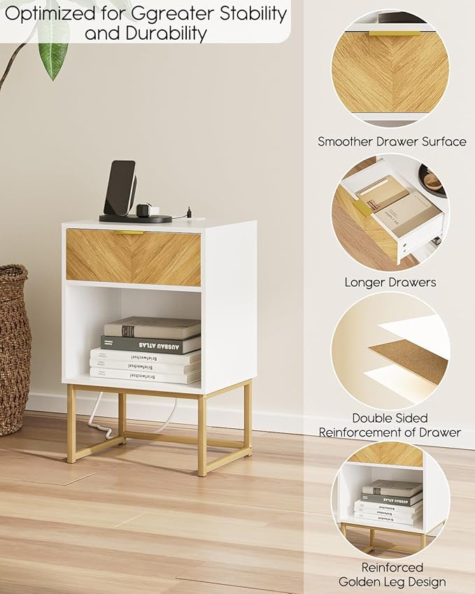 Nightstand with Charging Station, Boho Night Stand Wood Farmhouse Bedside Table with Storage, End Side Accent Table for Bedroom,Living Room,White