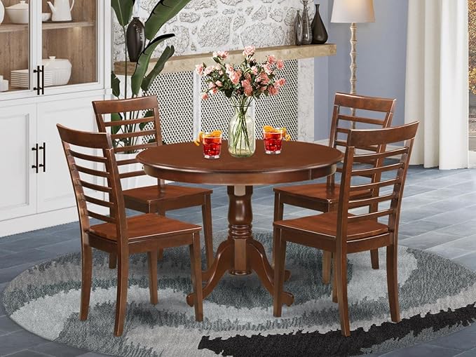 East West Furniture HLML5-MAH-W 5 Piece Dining Room Furniture Set Includes a Round Kitchen Table with Pedestal and 4 Dining Chairs, 42x42 Inch, Mahogany