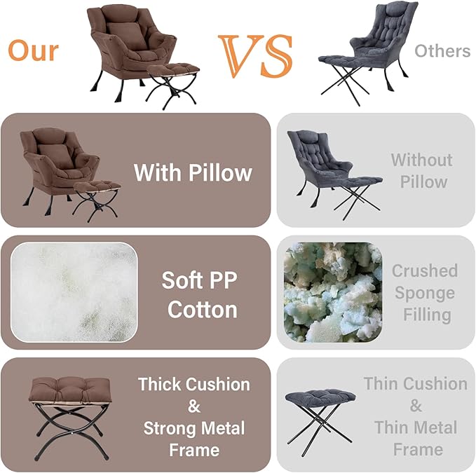 Lazy Chair with Ottoman, Comfy Reading Chair with Footstool & Pillow Modern Lounge Chair with Armrests & Side Pocket for Living Room, Bedroom, Dorm Room，Dark Brown