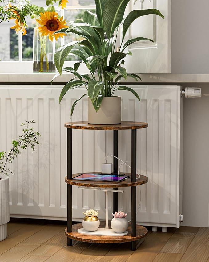 Small Round End Table - 3 Tier Design Accent Table, Narrow Side or Bedside Stand, Industrial Vintage Table for Small Spaces, Built-in USB Ports and Power Outlet, Rustic Brown