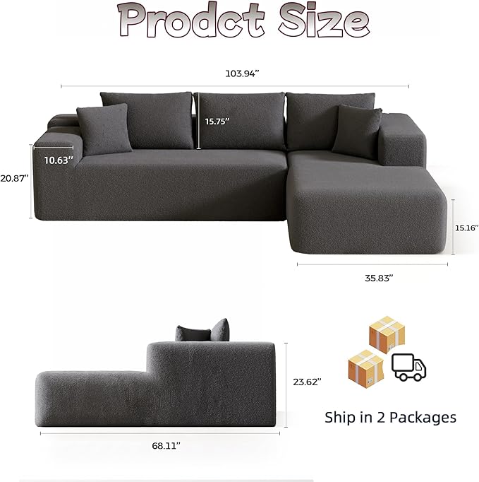 Cloud Sectional Couch, 104”L-Shape Oversized Sofa with Left Chaise Lounge, Modular Sleeper Couch with Pillows & Deep Seat, Rain Drop Velvet Fabric Compressed Sofa for Living Room, Dark Gray