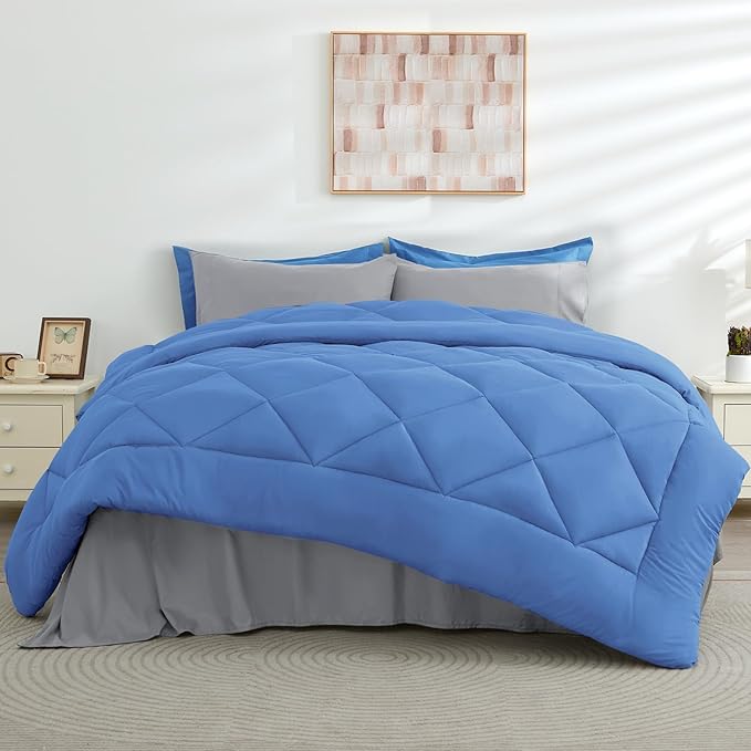 HEVUMYI Royal Blue & Light Grey Twin Comforter Set - 5-Piece All Season Bed in a Bag Twin, Ultra Soft Bedding Set with Comforter, Flat Sheet, Fitted Sheet, Pillowcases, Pillow Shams, Royal Blue