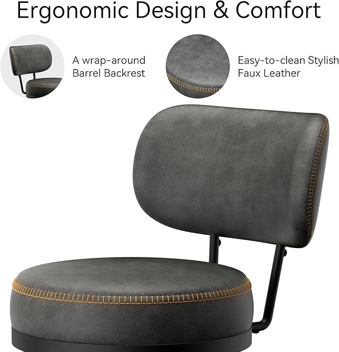 Counter Height Bar Stools, 26" H Swivel Barstools Set of 2, Faux Leather Kitchen Counter Stools with Back and Stylish Stitching, Metal Frame, Pub, Home Bar, Black Grey