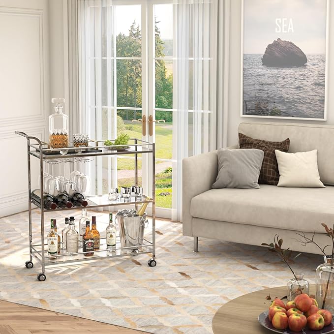 Bar Cart Silver, Home Bar Serving Cart, Modern Bar Cart with 3-Tier, Mobile Kitchen Shelf with Wine Rack and Glass Holder, Bar Carts for The Home, Dining Room, Living Room