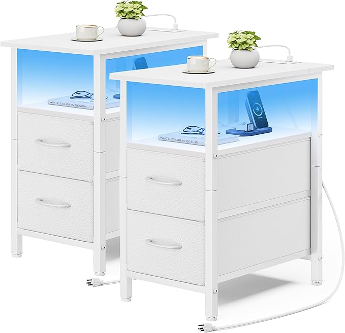 Vagusicc Set of 2 White Nightstand with Charging Station and LED Lights, Narrow Side Table, LED Night Stand with 2 Fabric Drawers, Bedside Table Small End Table, Tall Nightstand for Bedroom, White