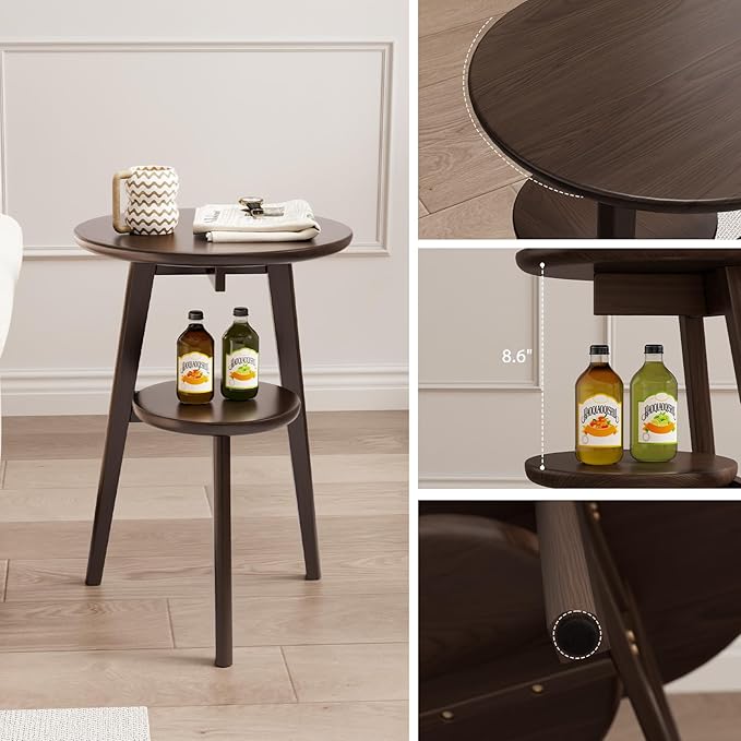 Small End Table Round End Table,Solid Wood Round Side Table with Lower Shelf，Nightstand for Small Spaces,Living Room,Bedroom(Deep Walnut)