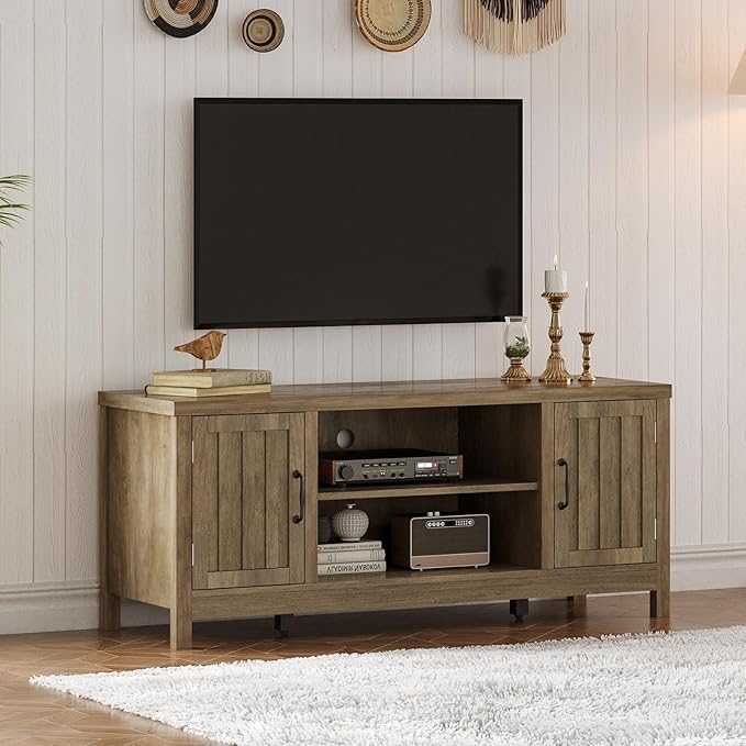 ChooChoo Farmhouse TV Stand, Wood Fluted Door Entertainment Center with Storage Cabinets and Open Shelves, Rustic Media Console up to 55 inches for Living Room, Bedroom, Grey Wash