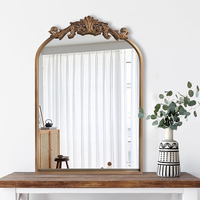 WAMIRRO Antique Mirror,Gold Traditional Vintage Ornate Baroque Arched Brass Wall Mounted Mirrors for Entryway/Fireplace/Living Room/Hallway/Bathroom 19"X27"