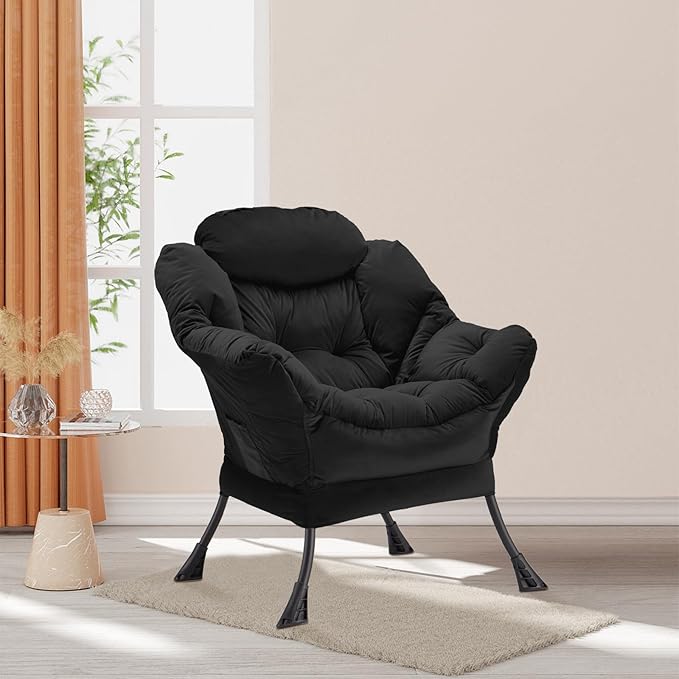 Lazy Chair Thick Padded, Comfy Velvet Accent Lounge Chair with Stable Frame, Leisure Sofa Armchair with Armrests and Side Pocket, Reading Chair for Bedroom, Living Room, Office, Black
