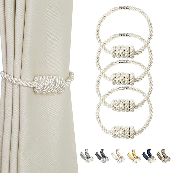 BEL AVENIR Magnetic Curtain Tiebacks, Decorative Drapery Holdbacks Modern Woven Tie-Backs with Exquisite Knot (Beige, 4 Pack)