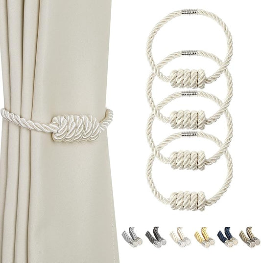 BEL AVENIR Magnetic Curtain Tiebacks, Decorative Drapery Holdbacks Modern Woven Tie-Backs with Exquisite Knot (Beige, 4 Pack)