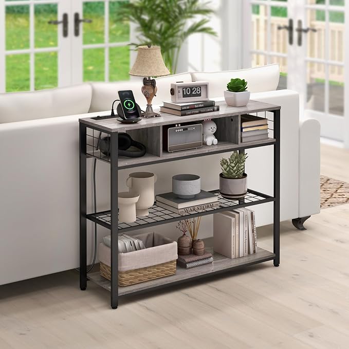 Narrow Entryway Console Table with Storage, Drawer and Charging Station - Behind Couch Table with Outlet and USB Ports for Living Room Foyer, Grey
