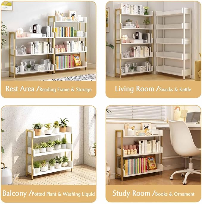 Wide Open Shelf Bookcase - Modern 3-Tier Floor Standing Display Bookshelf with Three-Side Panels for Home and Office, Storage Shelving in Warm White with Gold Frame