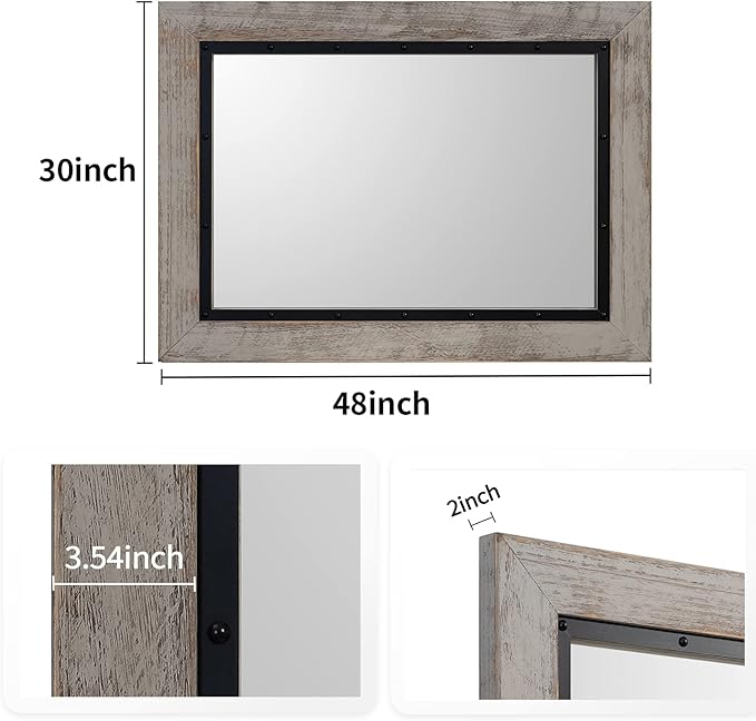 YOSHOOT Rustic Wooden Framed Wall Mirror, 48"x30", Natural Wood and Iron Bathroom Vanity Mirror for Farmhouse Decor, Vertical or Horizontal Hanging