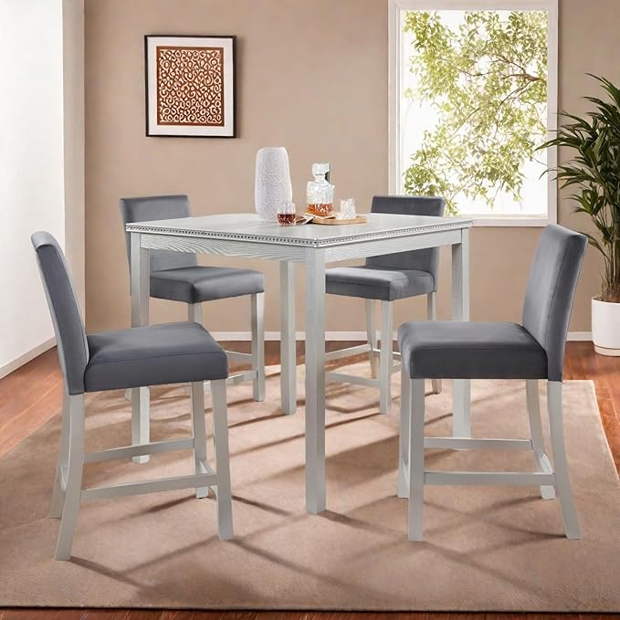 Dining Table Set for 4, 5-Piece Dining Room Table Set with Square Crystal Decoration Table & 4 Upholstered Backrest Chairs, Counter Height Kitchen Sets with Wood Grain & Footrest, Grey