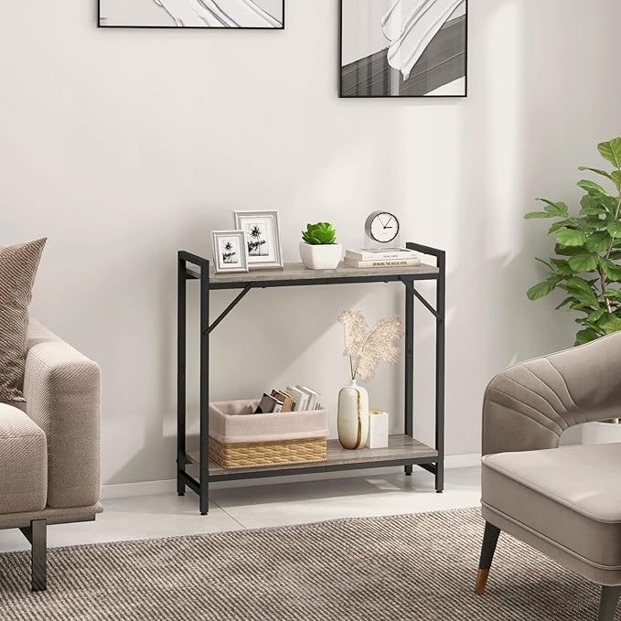 Narrow Console Table, Small Entryway Table, Sofa Table with 2 Support Bar, Industrial Couch Table, Thin Side Table, Display Table for Living Room, Hallway, Bedroom, Foyer, Grey