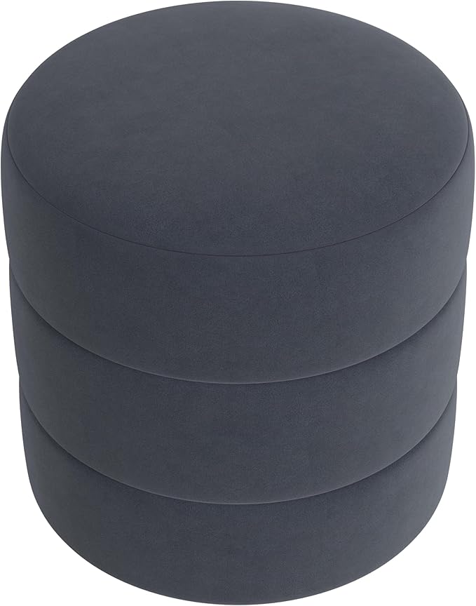 HomePop Upholstered Round Ottoman (No Lid, Seat Only) Home Décor | Round Pouf Foot Rest – Steel Blue Velvet