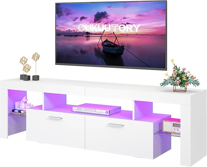 Clikuutory Modern Lighting 63 inch TV Stand with Large Storage Drawer for 50 55 60 65 70 75 Inch TVs, TV Console with 20 Color LED Lights, Entertainment Center Media and Open Shelf for Bedroom, White