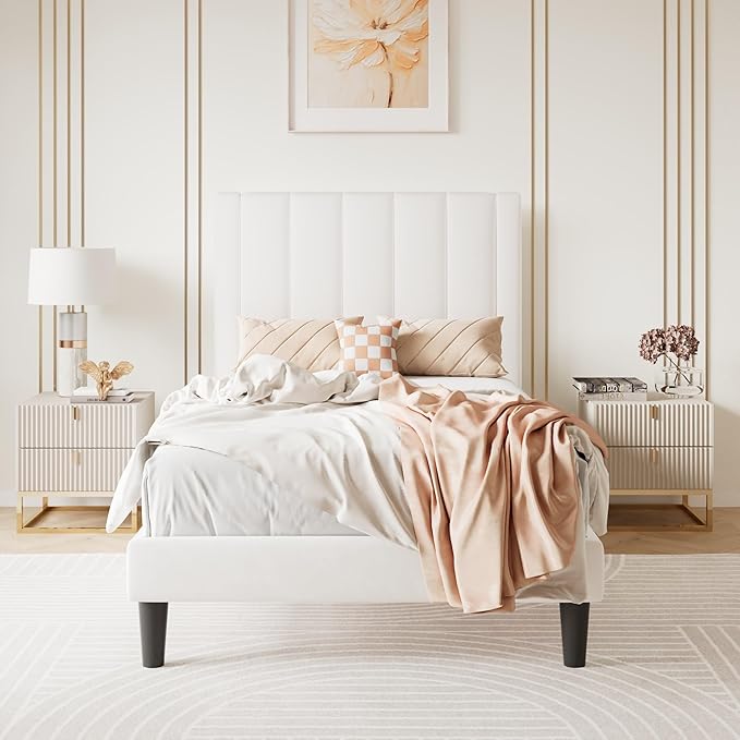 SHA CERLIN Twin Bed Frame/Velvet Upholstered Platform Bed Frame with Headboard/Strong Wood Slats Support/Mattress Foundation/No Box Spring Needed/Easy Assembly/White