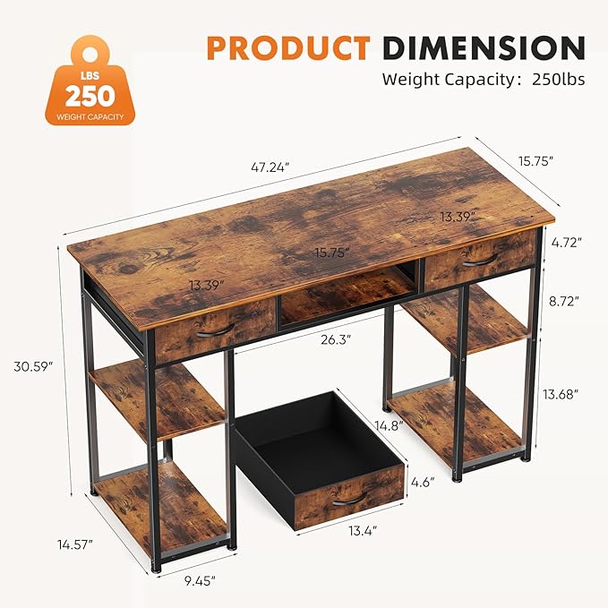 Whitmor Computer Desk - 48 Inch Home Office Study Writing Table with 2 Fabric Drawers, Storage Shelves, Side Bag, Headphone Hook, Brown