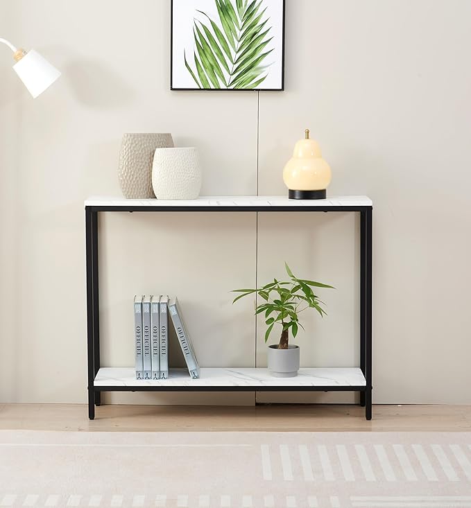 loglus Console Table for Entryway, Faux Marble MDF Sofa Table with Golden Frame (Double Layer, Black Frame)