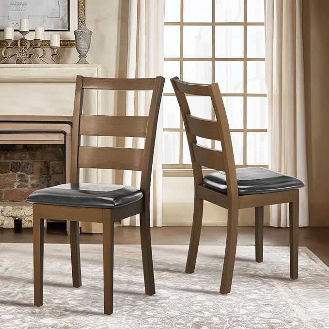 COLAMY Upholstered Dining Chairs Set of 2, PU Leather Ladder High Back Dining Room Kitchen Side Chair with Adjustable Foot Pegs, Dark Brown