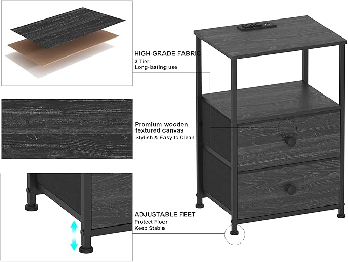 Tohomeor End Table with Charging Station, LED Light, Fabric Drawers, and USB Ports - Charcoal