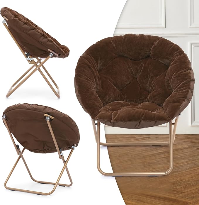 MoNiBloom Round Folding Faux Fur Saucer Chair for Bedroom Living Room Dorm Foldable Metal Frame Oversized Large Comfy Furry Padded Soft Cozy Moon Chair with Footrest Ottoman for Adults (Brown)