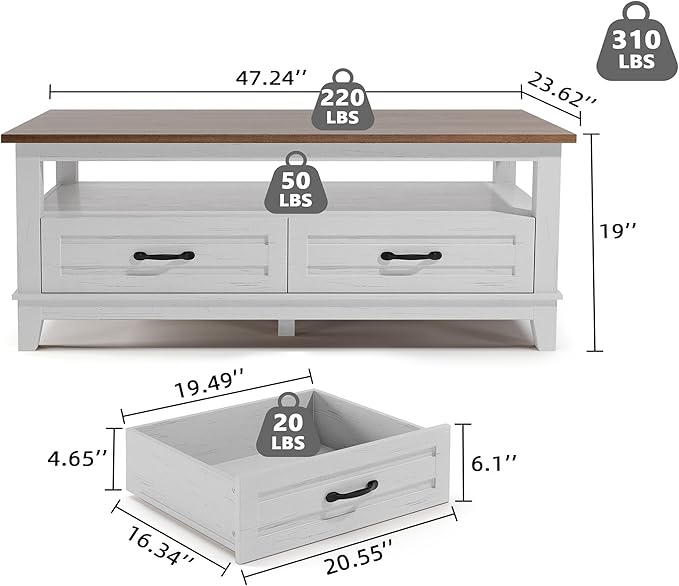 GarveeHome Farmhouse Coffee Table with Drawers, 47.2" Center Table Rustic Coffee Tables White Brown Living Room Table, with Open Shelf and 6 Support Legs