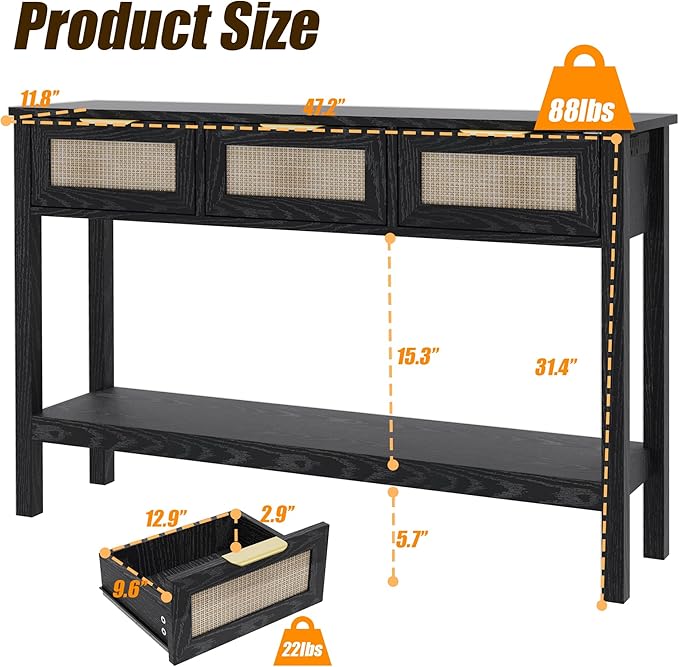 Entryway Table, Boho Console Table with 3 Storage Drawers and Storage Shelf, Sofa Table with Socket, for Entryway, Living Room, Behind Couch and Hallway (Black)