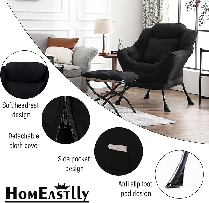 Lazy Chair with Ottoman, Modern Lounge Accent Chair with Armrests and a Throw Pillow, Leisure Sofa Chair Set, Reading Chair with Footrest for Living Room, Bedroom, Dorm Room, Midnight Black