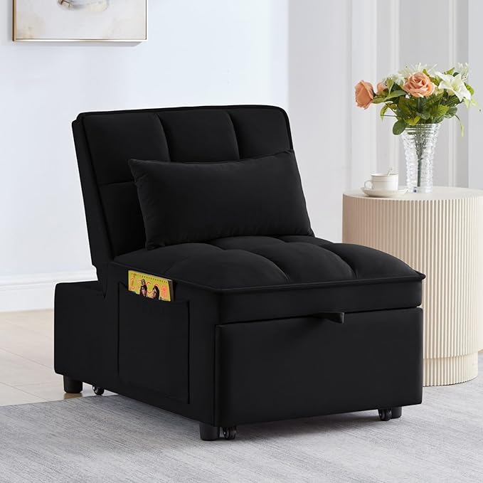 KEIKI Velvet Single Convertible Sleeper Chair Sofa Bed with Adjustable Backrest, Pillows & Storage Pockets, 3 in 1 Pull-Out Couch Chaise Lounge Recliner for Living Room Balcony Bedroom, Black