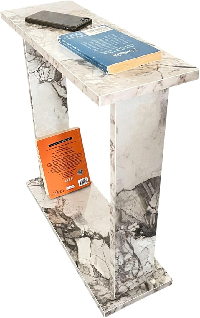 Very Narrow Side Table for Living Room, Small Apartment Space Between Chairs Skinny Table for Recliner, Couch, Armchair, Thin Slim End Table for Living Room, Bedroom, Beverages (White Marble)