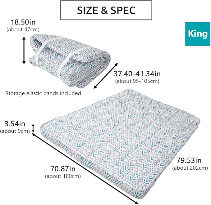 EMOOR Japanese Padded Futon Mattress Machi King Triangle-Gray (Shinsengumi Makoto), Gusset Foldable Storable Elastic Bands Floor Sleeping Guest Bed Tatami Mat