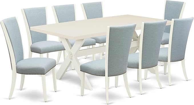 East West Furniture X027VE215-9 9 Piece Dining Room Table Set Includes a Rectangle Dining Table with X-Legs and 8 Baby Blue Linen Fabric Upholstered Parson Chairs, 40x72 Inch, Multi-Color