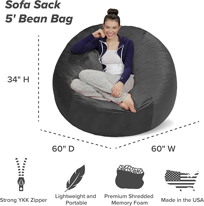 Sofa Sack Bean Bag Chair - Plush, Ultra Soft - Memory Foam Bean Bag Chair with Microsuede Cover - Stuffed Foam Filled Furniture and Accessories for Dorm Room 5 Feet - Charcoal