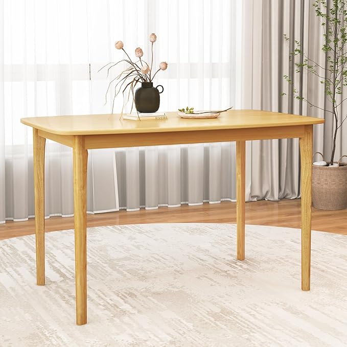 COSTWAY Dining Table, 48” Wooden Rectangular Kitchen Table with Solid Rubber Wood Legs, Spacious Tabletop for Kitchen, Dining Room, Restaurant