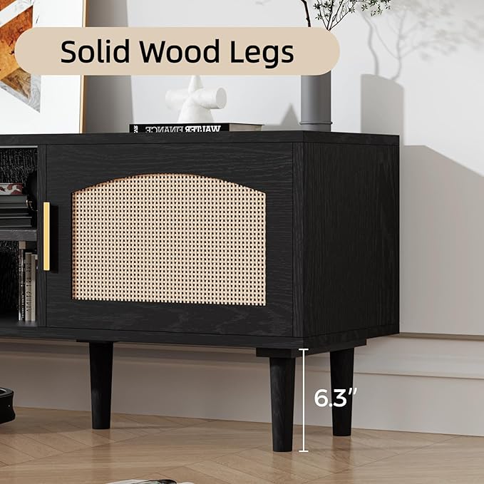 TV Stand for TVs up to 60", Modern Entertainment Center with 2 Rattan Doors, TV Cabinet with Solid Wood Legs & Golden Handles, TV Media Console Table for Living Room, Black & Wood