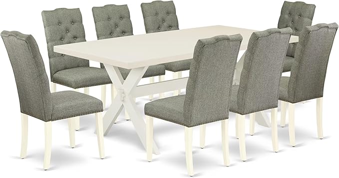 East West Furniture X027EL207-9 9 Piece Kitchen Table & Chairs Set Includes a Rectangle Dining Room Table with X-Legs and 8 Gray Linen Fabric Parson Dining Chairs, 40x72 Inch, Multi-Color