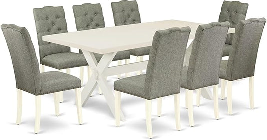 East West Furniture X027EL207-9 9 Piece Kitchen Table & Chairs Set Includes a Rectangle Dining Room Table with X-Legs and 8 Gray Linen Fabric Parson Dining Chairs, 40x72 Inch, Multi-Color