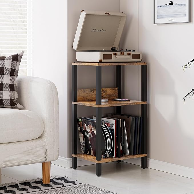 TUTOTAK Record Player Stand with Storage Up to 100 Albums,Record Storage Table,3 Tier End Table,Side Table for Living Room, Bedroom, Brown TB01BB075