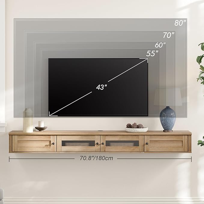 WAMPAT Floating TV Stand for TVs up to 80 Inch, Wooden Floating TV Shelf with Storage Cabinet, Modern Floating TV Shelf Entertainment Center for Living Room, Oak