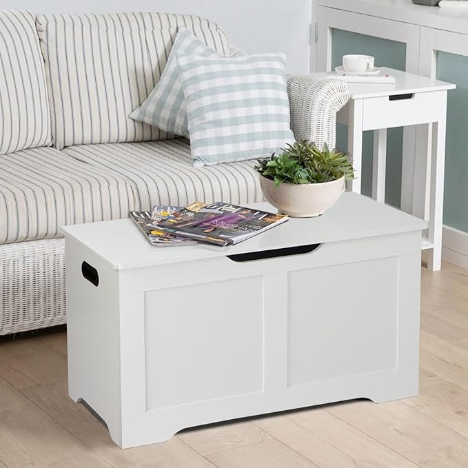 31.5" Storage Chest, Wooden Storage Bench, Lift Top Toy Chest with 2 Safety Hinges, Large Toy Box, Entryway Shoes Bench for Living Room, Bedroom, White