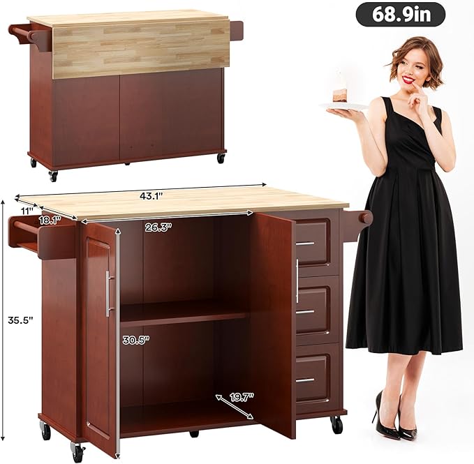 Rovibek 53" Kitchen Island on Wheels with Drawers - Large Rolling Island Cart with Storage, Cabinet, Spice Rack, and Towel Holder