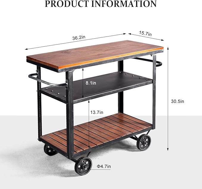 Vintage Rolling Bar Cart on Wheels Industrial Mobile Serving Cart Metal and Wood Design for Kitchen Bar Office Coffee House 36.2" Lx15.75 Wx30.5 H 3 Tier with 2 Side Handle